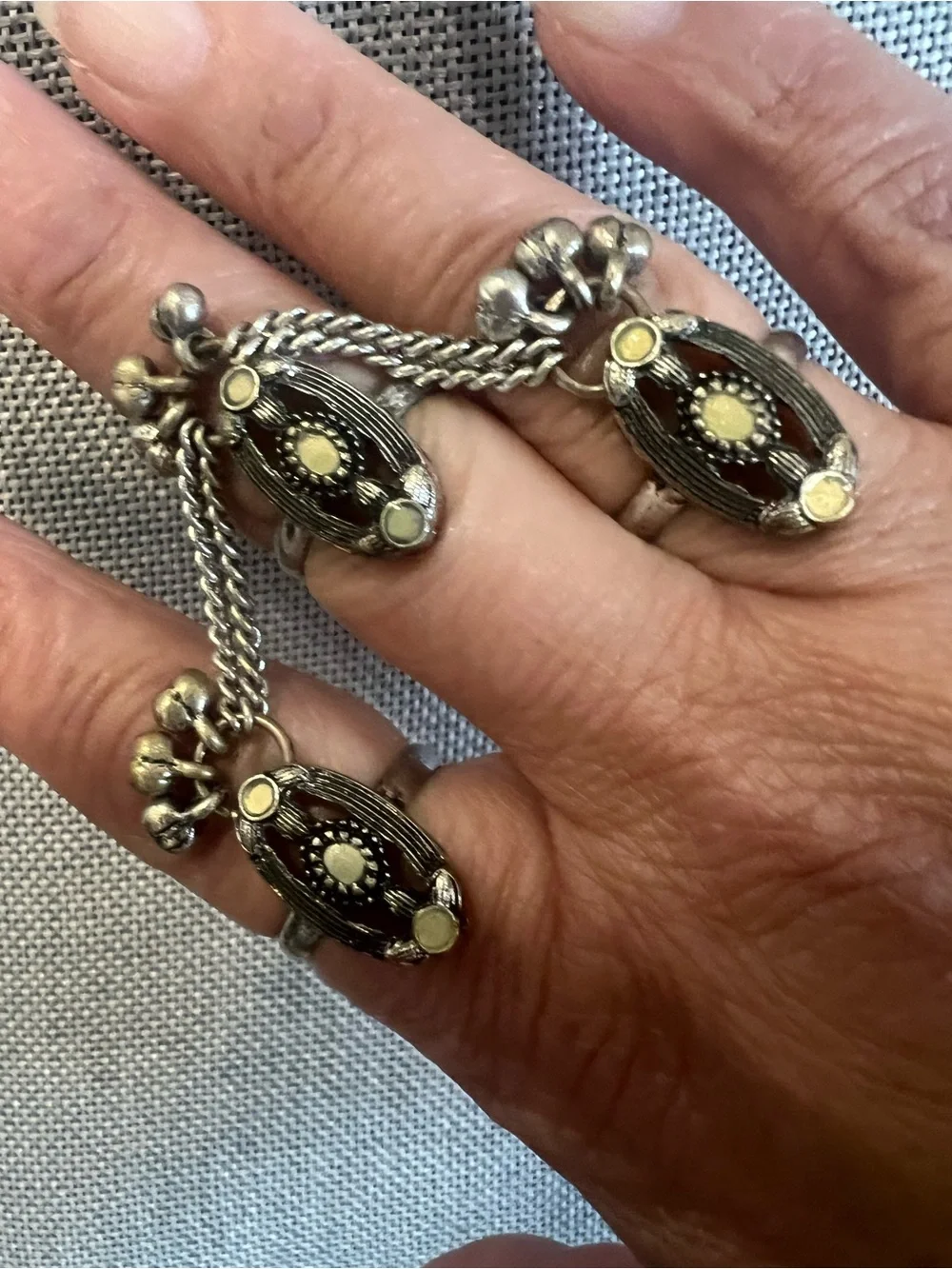 Silver-Tone Cream Accent Multi-finger Connected Ring - Women Jewelry